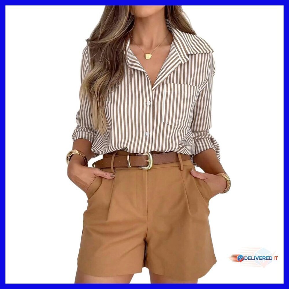 Long Sleeve Button Down Shirt Wrinkle-Free Striped Office Blouse